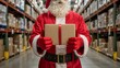 © Design Stock - Santa claus holding a gift box in a warehouse aisle filled with shelves of merchandise during the holiday season