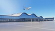 © AI Digital_Zone - Airplane flying over modern airport terminal building with glass facade aircraft travel