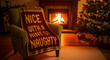 © PhotoArtHub - Interior scene with armchair and festive Christmas tree, cozy fireplace, and textual blanket, representing holiday warmth, festive cheer and seasonal spirit