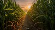 © Gandi - Golden sunrise light shining down a path in a cornfield.