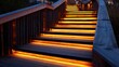 © JovialFox - A series of wooden steps are lit up with a warm glow. Concept of tranquility and peacefulness, as the steps seem to lead to a serene and calming environment. The warm light adds a touch of magic