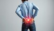 © Pete - Man holds lower back in pain. Person suffers backache of office syndrome. Unhealthy guy with pain on red area of body. Healthcare issue medical concept. Male feels discomfort. Body problems.