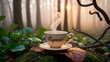 © Konrad - A white cup of hot coffee with the word “Espresso” on it, set in a forest scenery.
