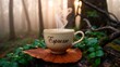 © Konrad - A white cup of hot coffee with the word “Espresso” on it, set in a forest scenery.