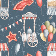 © Nellya Egorova - Amusement park. Watercolor hand-drawn seamless pattern with popcorn cart, cotton candy cart, bunch of colorful balloons, flads and star. Cute drawings print for kids on blue background with splashes