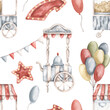 © Nellya Egorova - Amusement park. Watercolor hand-drawn seamless pattern with popcorn cart, cotton candy cart, bunch of colorful balloons, flads and star. Cute drawings print for kids on white background