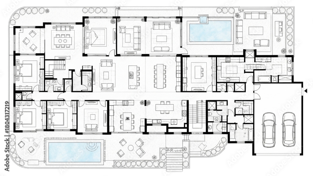 Black architectural floor plan of luxury house featuring master suite ...