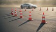 © olga_demina - Sports car navigating an obstacle course marked by orange traffic cones on an asphalt driving track, symbolizing advanced driving skills training and learning