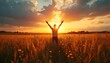 © Pete - Man stands in wheat field with raised hands at sunset. Person in white shirt faces back to camera, sunshine. Hands up in prayer praise. Peaceful scene in countryside at dusk. Serene landscape at