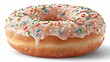 © STK - A single glazed donut covered in white frosting and colorful sprinkles, isolated on a clean white background.
