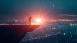 © Muhammad - Visionary leader embraces bright future of innovation on cliff edge overlooking vibrant city lights, symbolizing progress and new beginnings