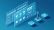 © Leo - Isometric 3D illustration of a man interacting with digital interfaces on transparent panels, set against a blue background with platform elements