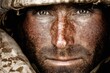 © River Girl - Intimate close-up of a soldier's face, capturing raw emotion under soft, natural light, with a blurred background of chaos