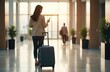 © Pete - Asian businesswoman walks with rolling suitcase in modern hotel lobby. Actively uses phone, looking at screen. Young female traveler on business trip, managing schedule communicating. Checks messages