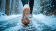 © Alex Alex - A woman in running shoes is running or walking on a snow-covered winter road at sunset, with a view of the sole of her sneaker and falling snow.
