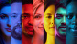© Lustre Art Group  - Vertical rainbow portrait stripes showing diverse faces. Concept of inclusion, identity, branding visuals and communication for education, campaigns and team materials.