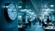 © afsana - Modern office clock ticking away as blurred figures work diligently in a busy, dynamic workspace