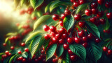 Lush cherry tree with ripe glossy red fruit and deep green leaves in warm sunlight, ideal fresh food background for organic branding, juice packaging, dessert menu design.