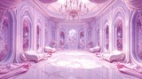 virtual reality location. surreal dreamy interior with whimsical pink room, featuring cozy sofas, crystal chandelier and walls adorned with floral patterns and drapes