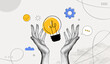 © accogliente - Trendy Halftone Collage Two Hands holds lightbulb. Creative mind, brainstorm or innovation. Create creative idea concept. Business solutions. Think outside box. Contemporary vector illustration art