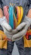 © Rajeshwari - Close-up of an electrician wearing work gloves holding a bundle of colorful electrical wires, with a tool belt visible.