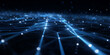 © Design studio - Blue digital network grid with glowing data nodes and connection lines perspective