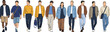 © IconicCreations - Set of trendy young men walking forward in casual streetwear, diverse male group front view collection, cad drawing flat vector illustration