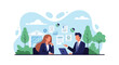 © meeblues - Flat vector client discussing personal loan options with financial advisor, charts floating around. Ideal for banking brochures, loan guides, and financial consultation services