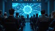 © Pete - People attend business conference watching digital network on big screen. Speaker presents future tech ideas for collaboration and progress. Audience listens intently.