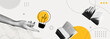 © accogliente - Trendy Halftone Collage Woman Hand with Light bulb and books. Study and education concept. New ideas and solutions. Creative mind or brainstorm. Contemporary vector illustration art