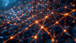 © James - A complex network of glowing orange nodes and connecting lines against a dark, abstract background, representing data connections and digital information flow