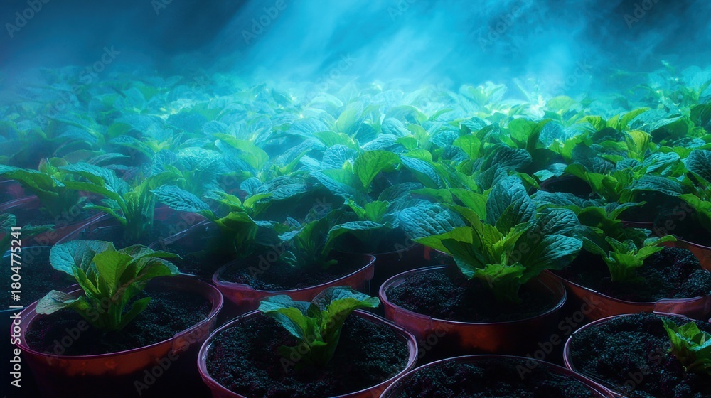 Large group of potted plants growing in a greenhouse. the plants are ...