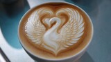 Close-up of a cup of coffee. the cup is white and is sitting on a blue surface. the coffee is a light brown color and has a latte art design in the shape of a swan.