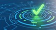 © loxia stock image - A glowing green checkmark icon on a futuristic blue digital interface representing technology approval, data security, and successful strategic validation