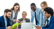 © md - A diverse group of business professionals collaborating around a laptop, smiling and engaged in discussion, isolated on transparent background
