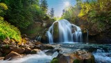 pristine mountain waterfall sunlight drenched cascade of crystal clear water