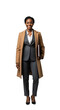 © NE97 - A fullbody smiling 30-35-year-old Black woman environmental lawyer in a sharp wool business suit and overcoat, holding a legal brief. Ideal for professional, legal, corporate,