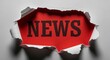 © YuDwi Studio - A hole ripped in white paper reveals the word NEWS on a bold red background, a concept for breaking headlines and urgent information