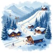 © Pete - Watercolor art depicts ski resort with chalets. Snowy slopes offer ski lifts, trees, and winter mountain views. People ski and snowboard down hills.