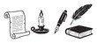 © BraveSpirit - Set of antique writer and literature icons with a manuscript scroll, candlestick, ink pen, feather quill, and old book, illustrated in a classic monochrome doodle style