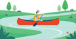© MDMUKTADIR - Person rowing canoe on river surrounded by trees plants in the park vector illustration style graphic element