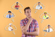 © New Africa - Young man thinking about career options on dark beige background. Thought bubbles with people of different occupations around him. Choice of profession
