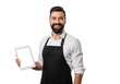 © shahida  - Smiling bearded man wearing a black apron holding a white tablet device isolated on transparent background
