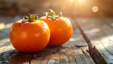 Ripe organic persimmons with glossy orange skin on rustic wooden table, soft natural sunlight.