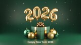Festive happy new year 2026 background with golden balloon and gift box decoration