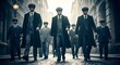 © ENDRA - A group of men in flat caps and long coats walk down a cobblestone street, evoking a vintage, gritty atmosphere