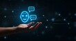 © graphiczone872 - Customer service chatbot icon with speech bubbles hovering over an open hand against a dark blue network background, representing ai communication and support