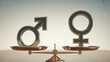 © MdRazu - Gender equality concept featuring male and female symbols balanced on a scale, symbolizing the importance of equal rights and opportunities for all genders
