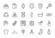 © PixeloAI - Personal hygiene and household line icon set. Vector pictograms of tissue, toilet paper, trash can, diapers, baby bottle, shower, iron, and washing machine, thin linear illustration.