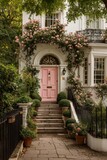 Charming Pink Door Surrounded by Blooming Roses in a Quaint Neighborhood